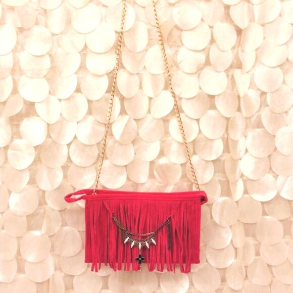 CROSSBODY Fringed Purse Fuscia Pink BOHEMIAN Beaded Chain Flower Charm Gypsy - Picture 2 of 11